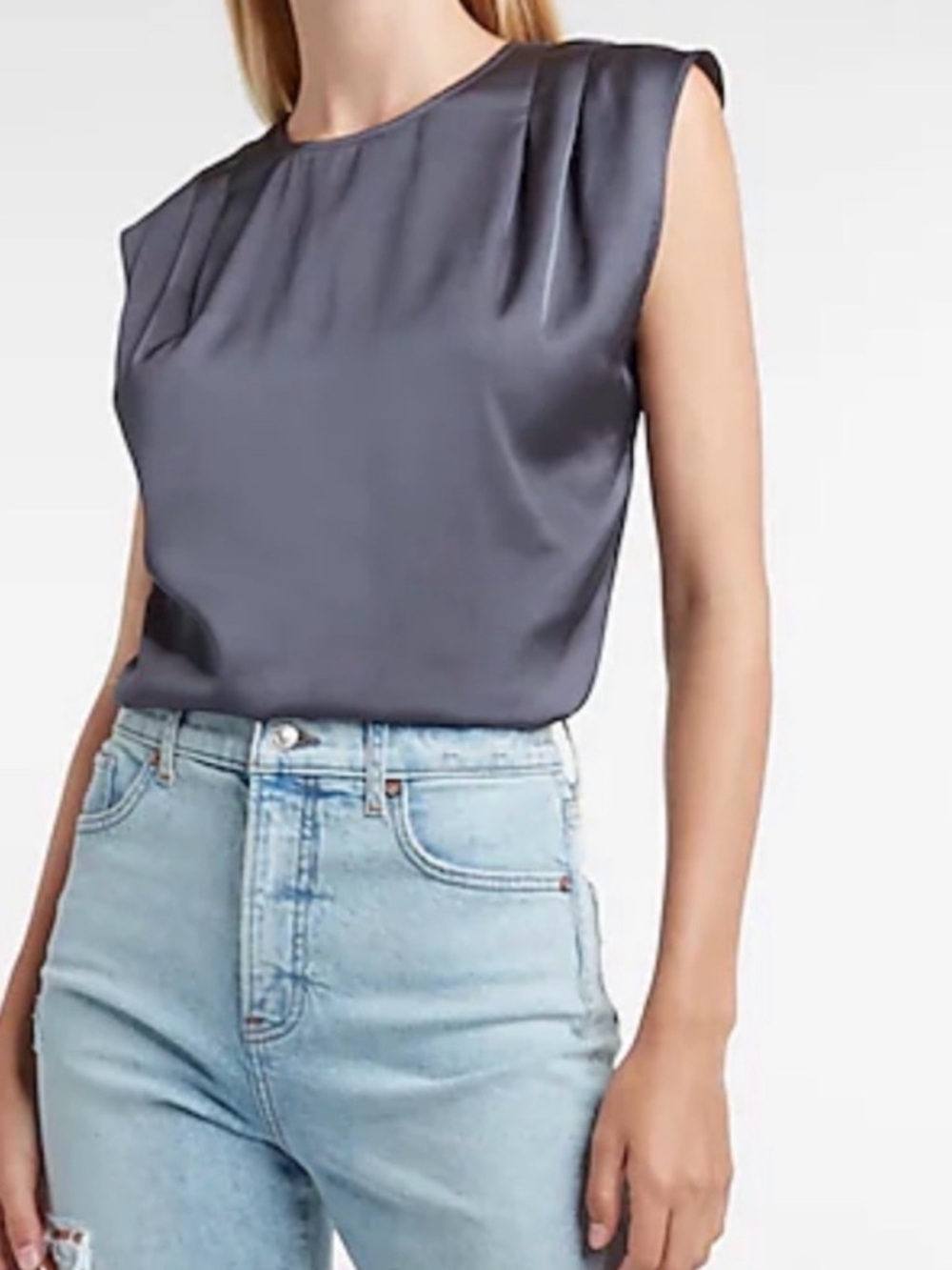 Express Satin Pleated Shoulder Sleeveless Blouse in Charcoal Gray